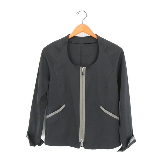 Yoshi Yoshi by PJ Zip Front Grosgrain Ribbon Trim Black Gray Jacket 3 L - Picture 1 of 5